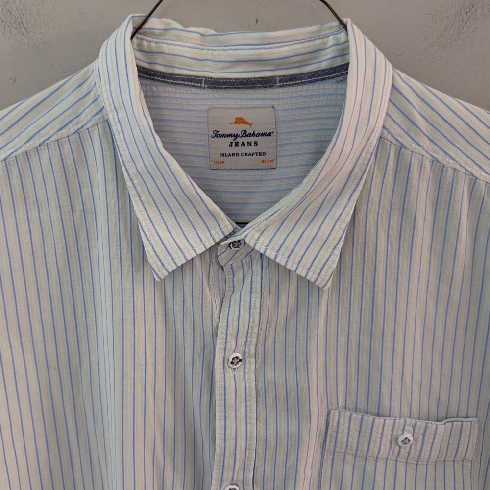 Tommy Bahama Jeans Mens XXL Blue Green Striped Short Sleeve Button Up Shirt